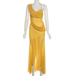 Irregular mesh v neck ruched solid cami maxi dress