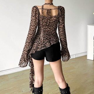 Long flared sleeve irregular leopard print v neck top