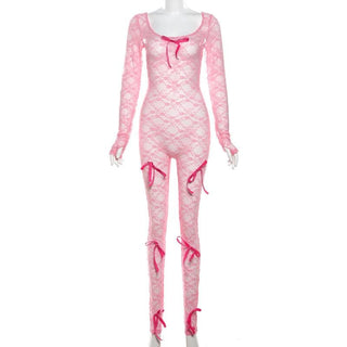 Long sleeve bowknot u neck lace see through jumpsuit