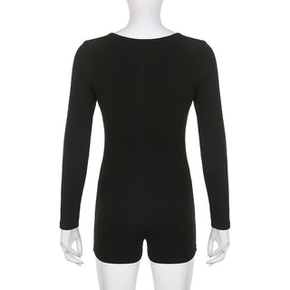 Long sleeve solid button u neck hollow out romper