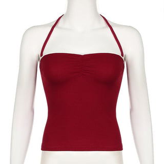 Halter ruched lace hem backless solid top