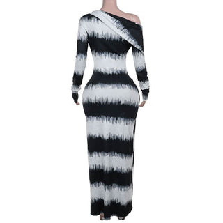 Irregular long sleeve one shoulder striped maxi dress