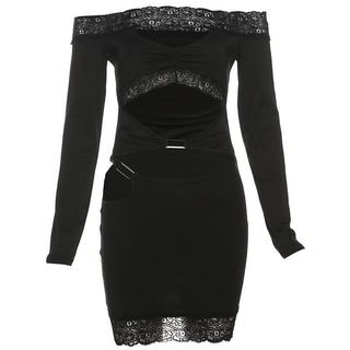 Long sleeve off shoulder lace hem hollow out cut out mini dress