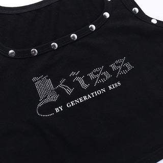 Letter pattern beaded u neck tank top