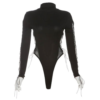 High neck long sleeve hollow out mesh bodysuit