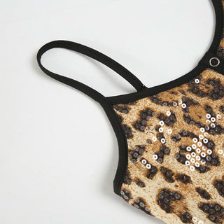 Leopard print u neck glitter button cami bodysuit