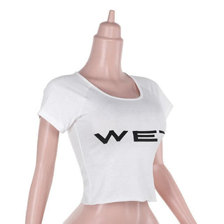 Short sleeve â€œWETâ€ ruffle u neck top