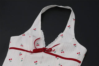 Halter v neck cherry print bowknot mini dress