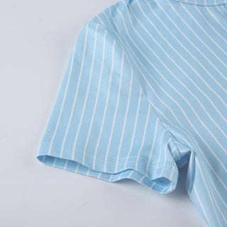 Turnover collar short sleeve striped print button top