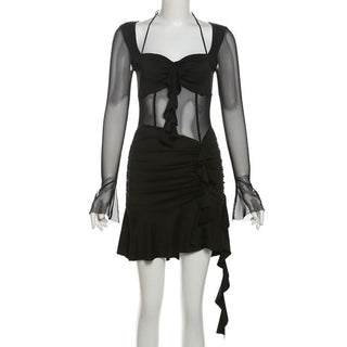 Long sleeve halter mesh ruched ruffle mini dress