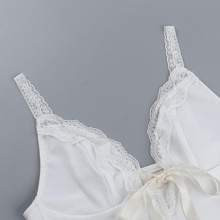 V neck lace hem backless bowknot ribbon crop cami top