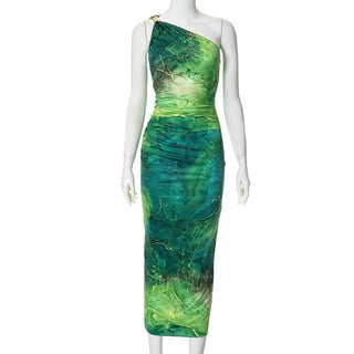 One shoulder print ruched maxi dress