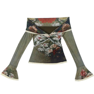 Long flared sleeve off shoulder lace hem flower print top
