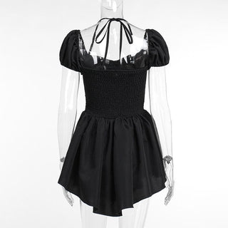 Short puff sleeve sweetheart neck ruched halter smocked mini dress