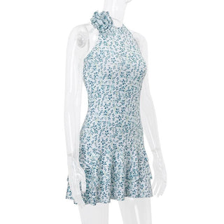 Halter print flower applique mini dress