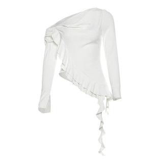 One shoulder long sleeve ruched ruffle lace hem top