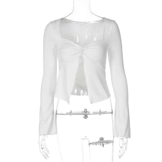 Long sleeve ruched sweetheart neck slit crop top