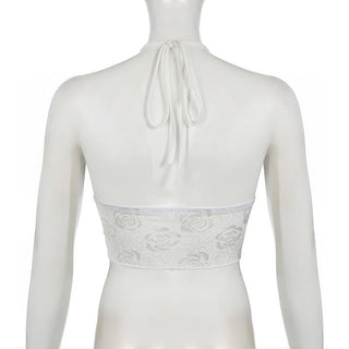 Halter lace ruched solid knotted top