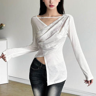 Long sleeve off shoulder print top