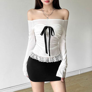 Long sleeve bowknot off shoulder lace hem ruched top