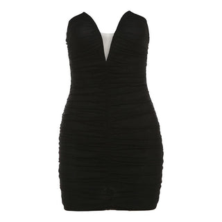 V neck ruched solid mesh tube mini dress