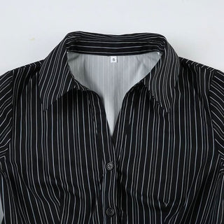 Turnover collar long sleeve striped button top