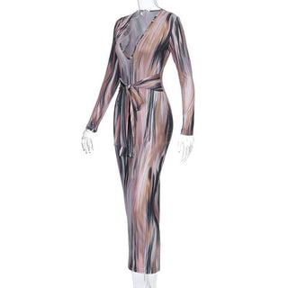 Long sleeve deep v neck knotted print maxi dress
