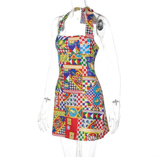 Halter print contrast knotted mini dress