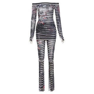 Long sleeve off shoulder sheer mesh print pant set