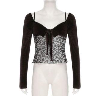 Long sleeve bowknot velvet patchwork leopard print top