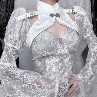 Long flared sleeve lace buckle shrug top