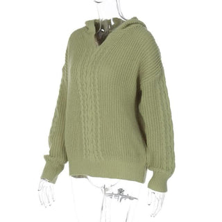 Hoodie long sleeve knitted solid v neck top-final-sale
