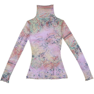 High neck long sleeve print ruffle contrast top