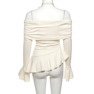 Off shoulder ruffle flower applique long flared sleeve ruched top