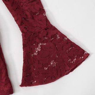 Long flared sleeve hollow out ruched lace cut out mini dress