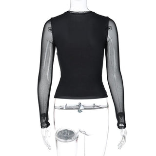 Long sleeve mesh crewneck flower pattern patchwork top