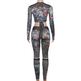 Long sleeve striped dragon print sheer mesh pant set