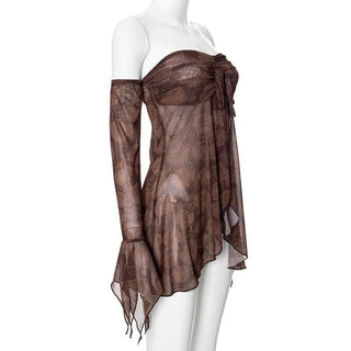 Long flared sleeve sheer mesh print off shoulder top
