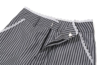 Ruched striped zip-up lace hem medium rise pant