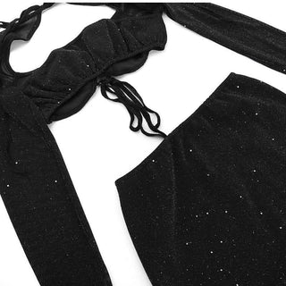 Self tie long sleeve textured backless slit low cut midi skirt set-final-sale