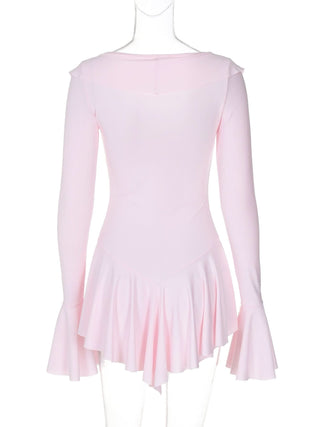 V neck long flared sleeve self tie ruffle mini dress