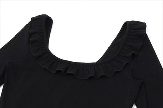 U neck long sleeve ruched ruffle mini dress