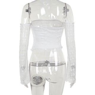 Off shoulder long sleeve mesh embroidery top