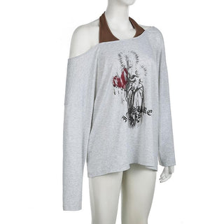 Halter off shoulder long sleeve abstract print top