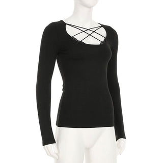 Cross front lace hem long sleeve hollow out cut out top