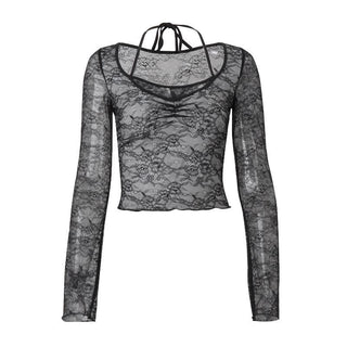 Long sleeve halter lace ruched see through top