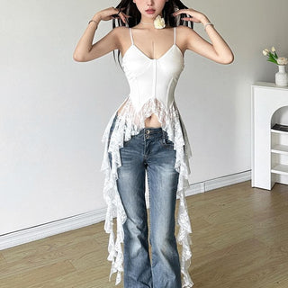 Lace v neck patchwork ruffle solid cami top