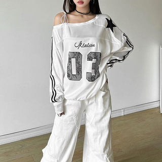 Irregular long sleeve self tie print contrast top