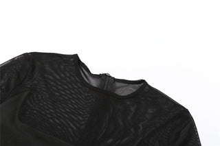 Long sleeve crewneck mesh patchwork zip-up romper