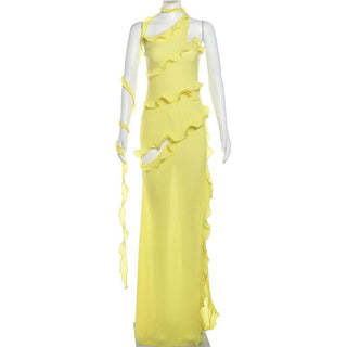 One shoulder ruffle irregular high slit maxi dress